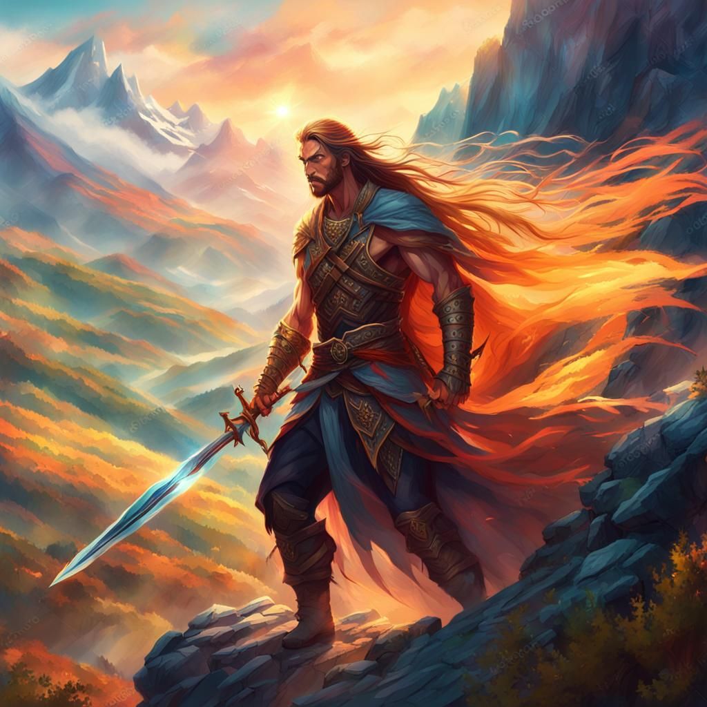 Warrior and Sorceress in Majestic Mountain Landscape