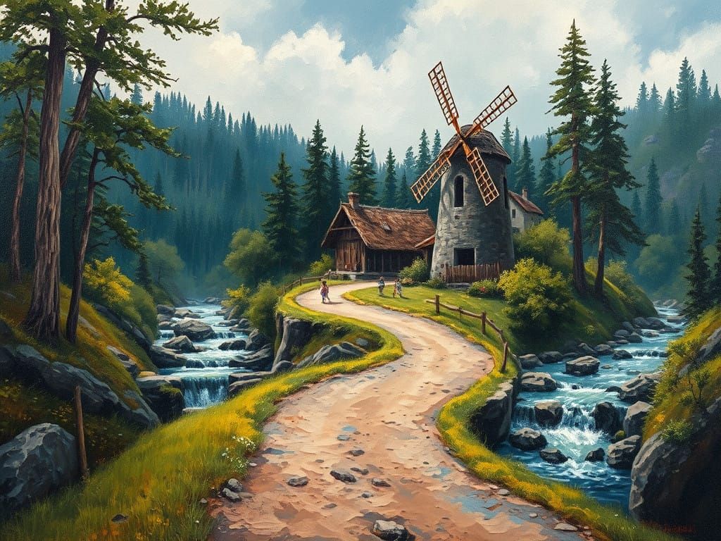 Ethereal Village Scene in Vibrant Oil Painting Style