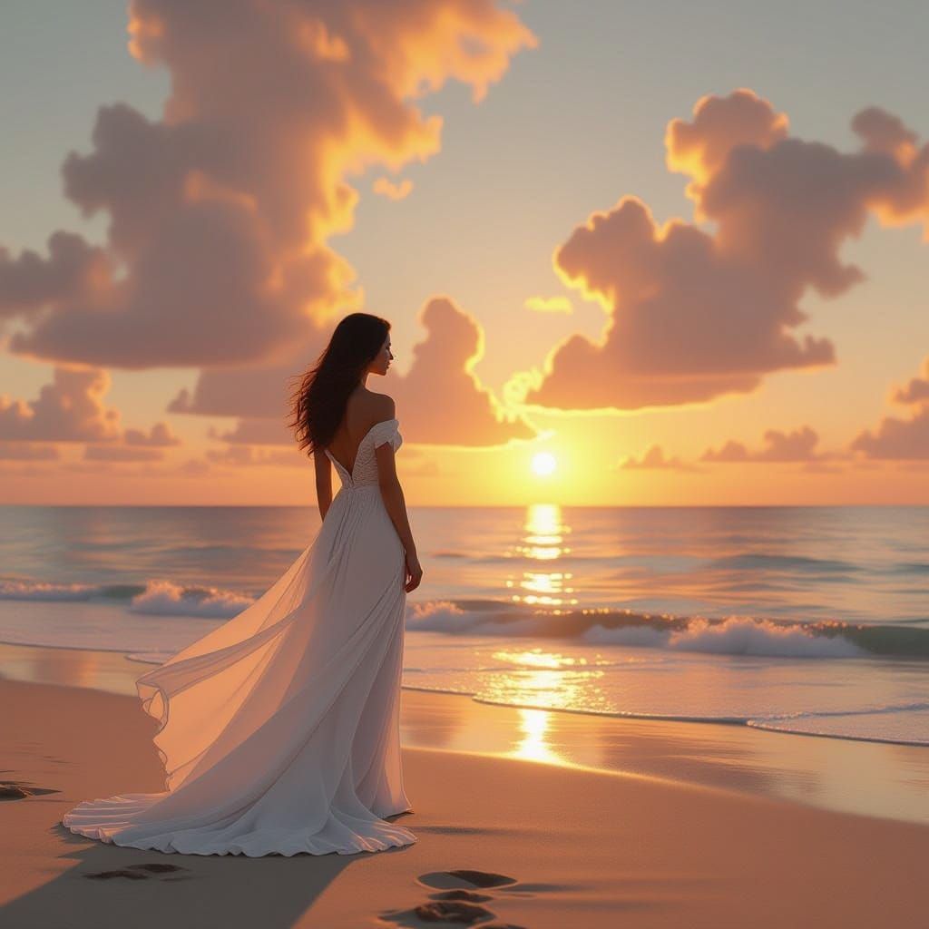 Woman in White Dress on Serene Beach at Sunset