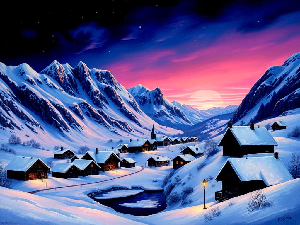 Winter Village Under Starry Night Sky in Oil Painting Style
