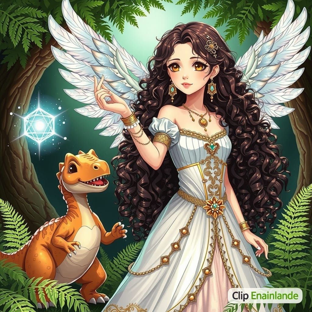 Anime Girl with Dinosaur and Magic Sphere