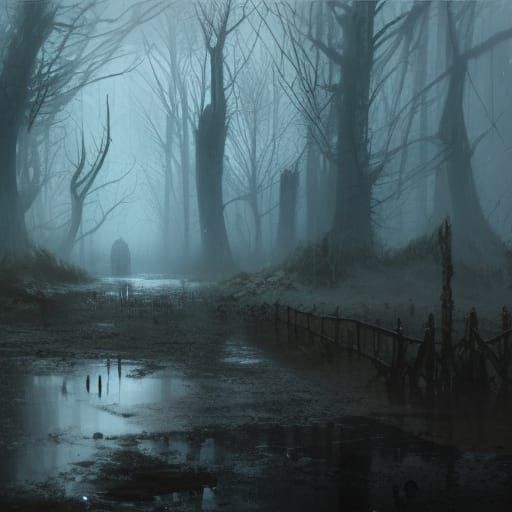 Vile Marsh in Freezing Rain: Dark Fantasy Art