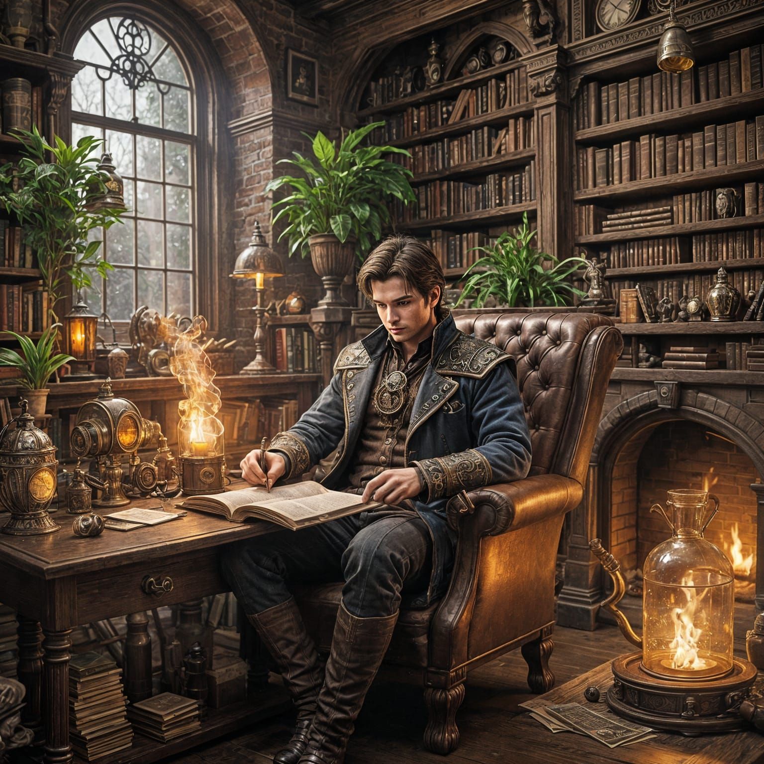 Mystical Steampunk Scholar Enjoys Cozy Reading Nocturne
