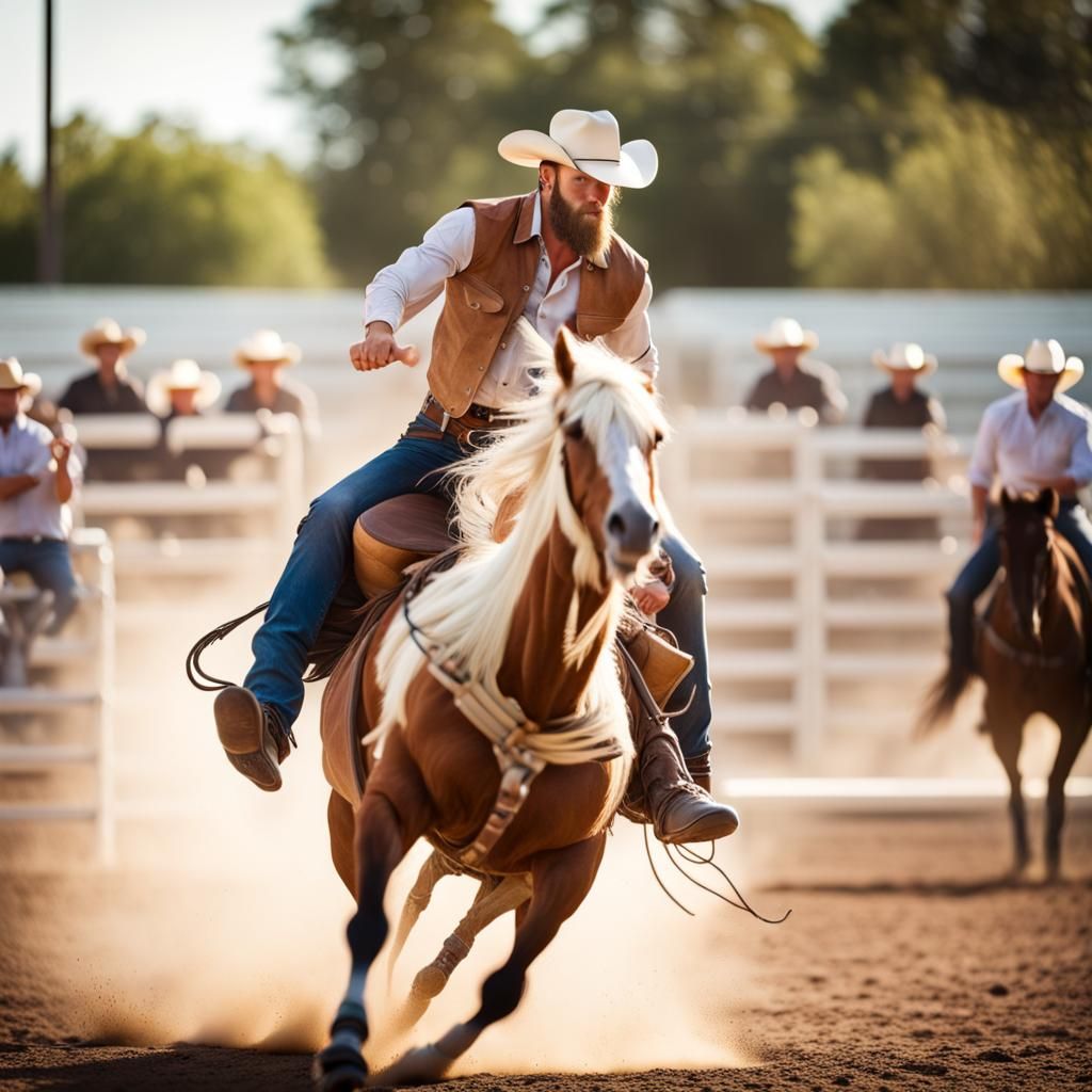 Cowboy Rides Bucking Horse in Rodeo: Professional Photograph...