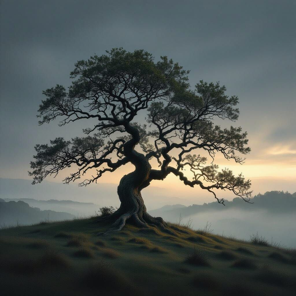 Ancient Oak on Windswept Hill at Twilight