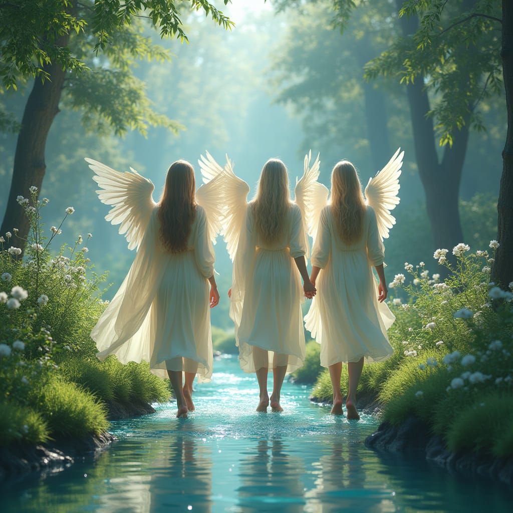 Angels Walking by Stream in Hyperrealistic Pastel Art