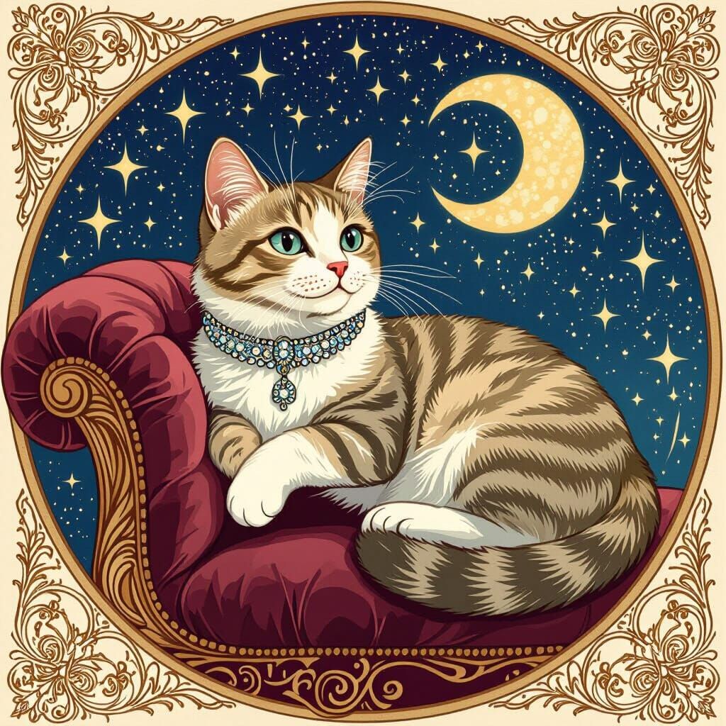 Paisley Cat Lounging in Celestial Art Nouveau Style