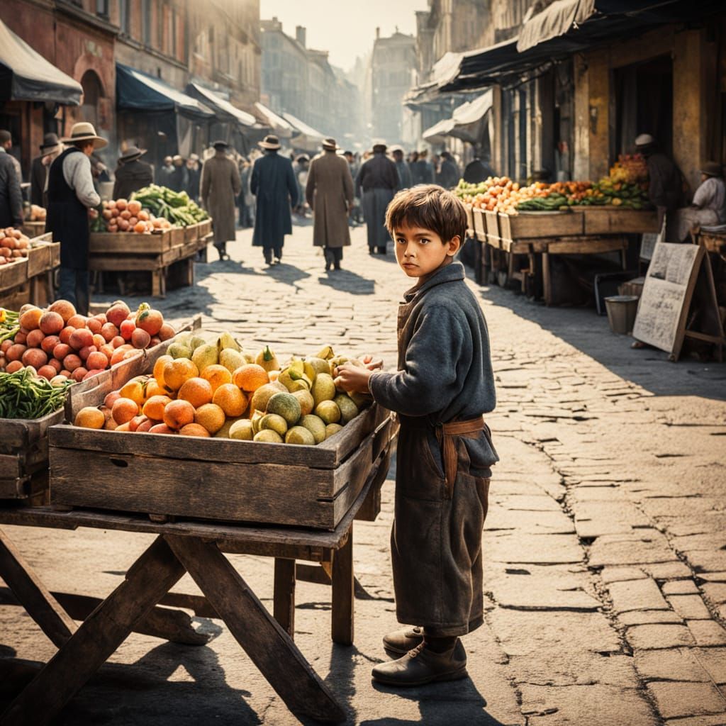 19th Century Market Scene: Young Boy Selling Fresh Produce