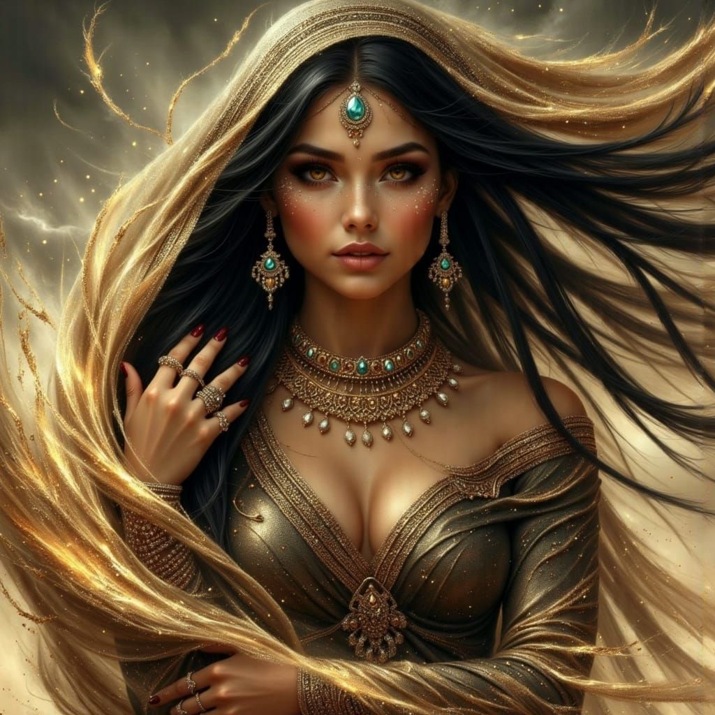 Seductive Persian Princess in Dark Fantasy Sandstorm Portrai...
