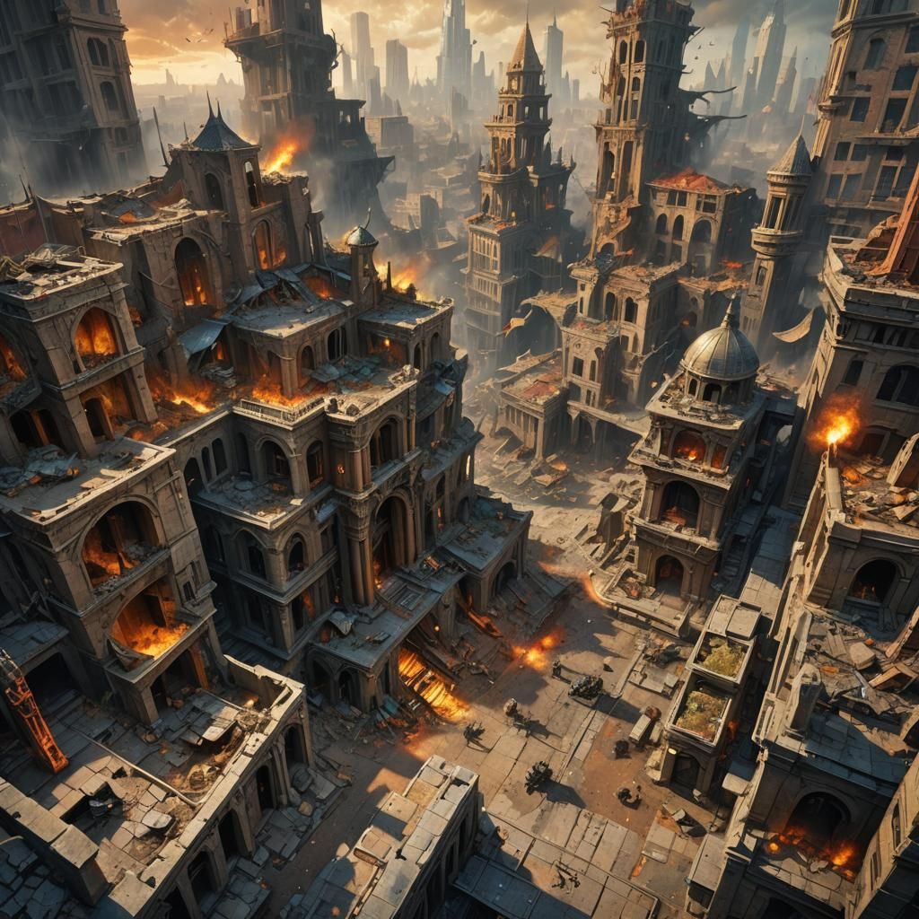 Epic Fantasy Battle in Ruined Cityscape