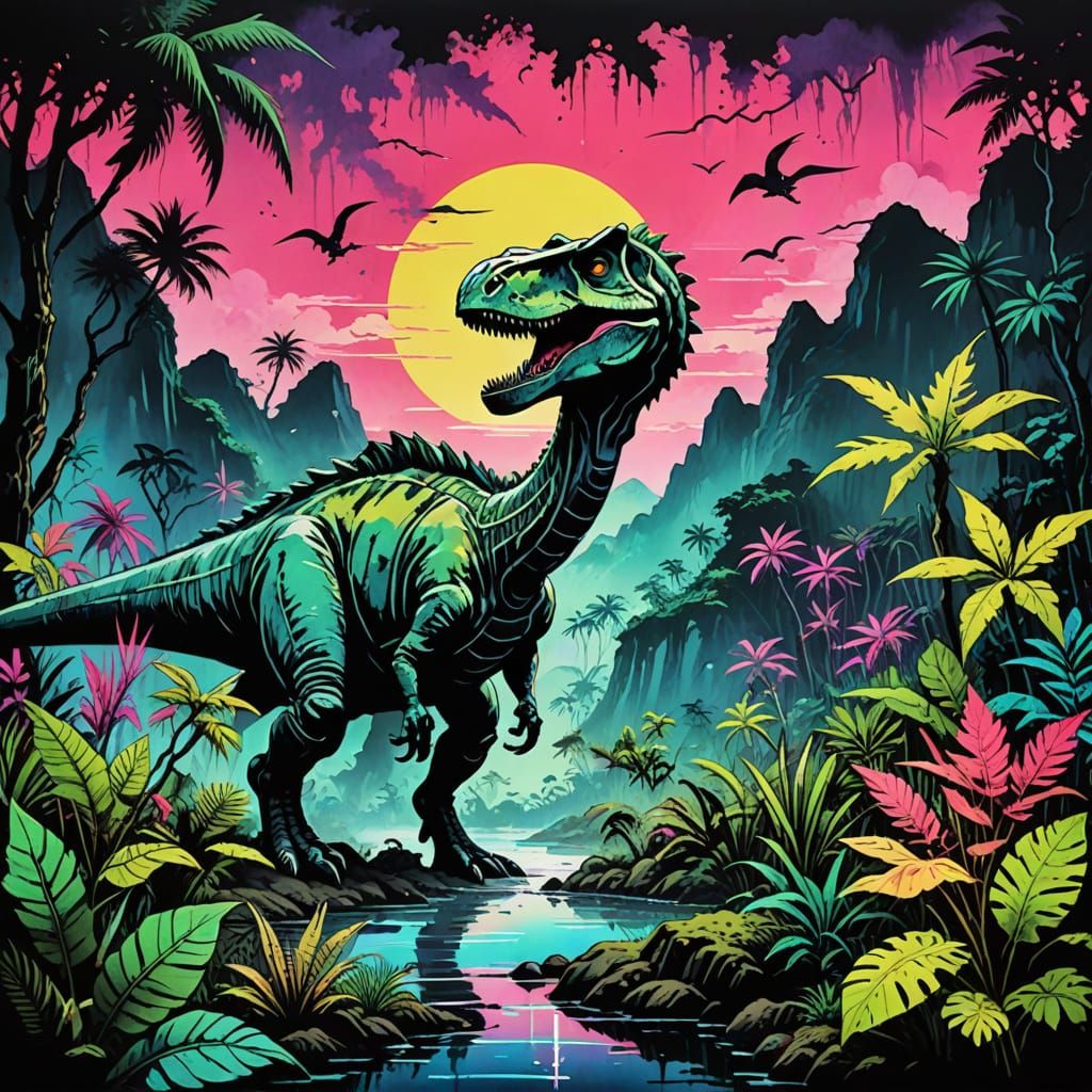 Jurassic Period Sumi-e Painting with Dinosaurs