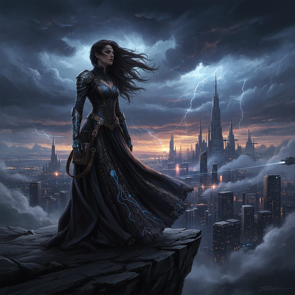 Gothic Sci-Fi Model on Stormy Cliff Overlooking City