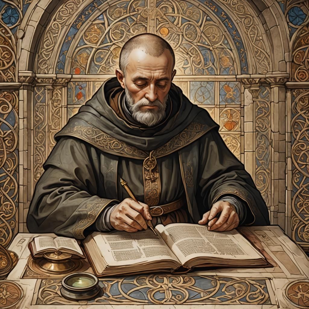 Medieval Monk Copying Bible with Celtic Manuscript Art