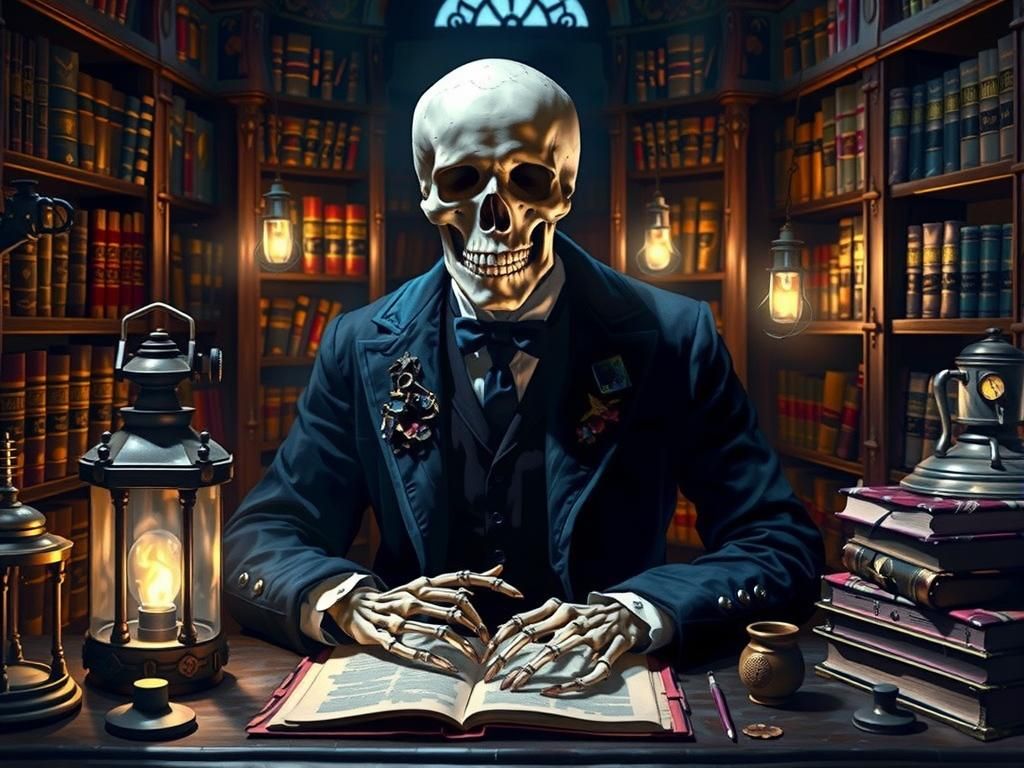 Victorian Skeleton Scientist in Steampunk Study