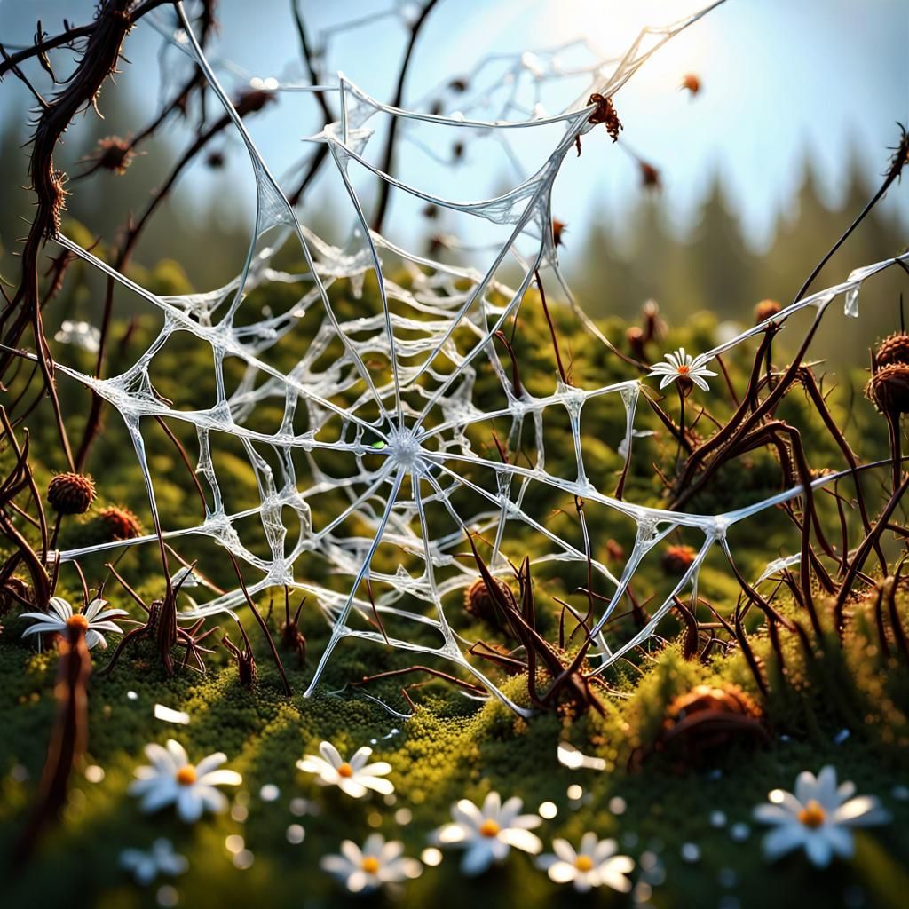 Rotten Plastic Spiderweb with Flowers, Hyperrealistic CGI