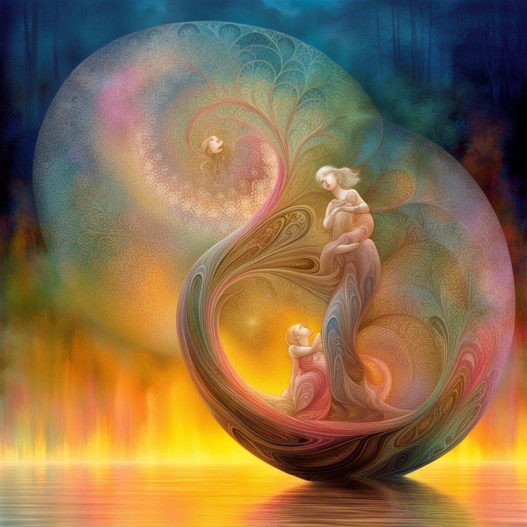 Crystal Fractal Forest: Mother and Daughter in Mystical Art