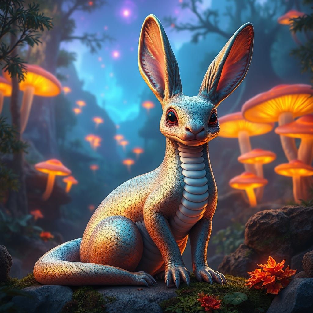 Regal Snake Bunny Hybrid in Dreamlike Prehistoric Landscape...