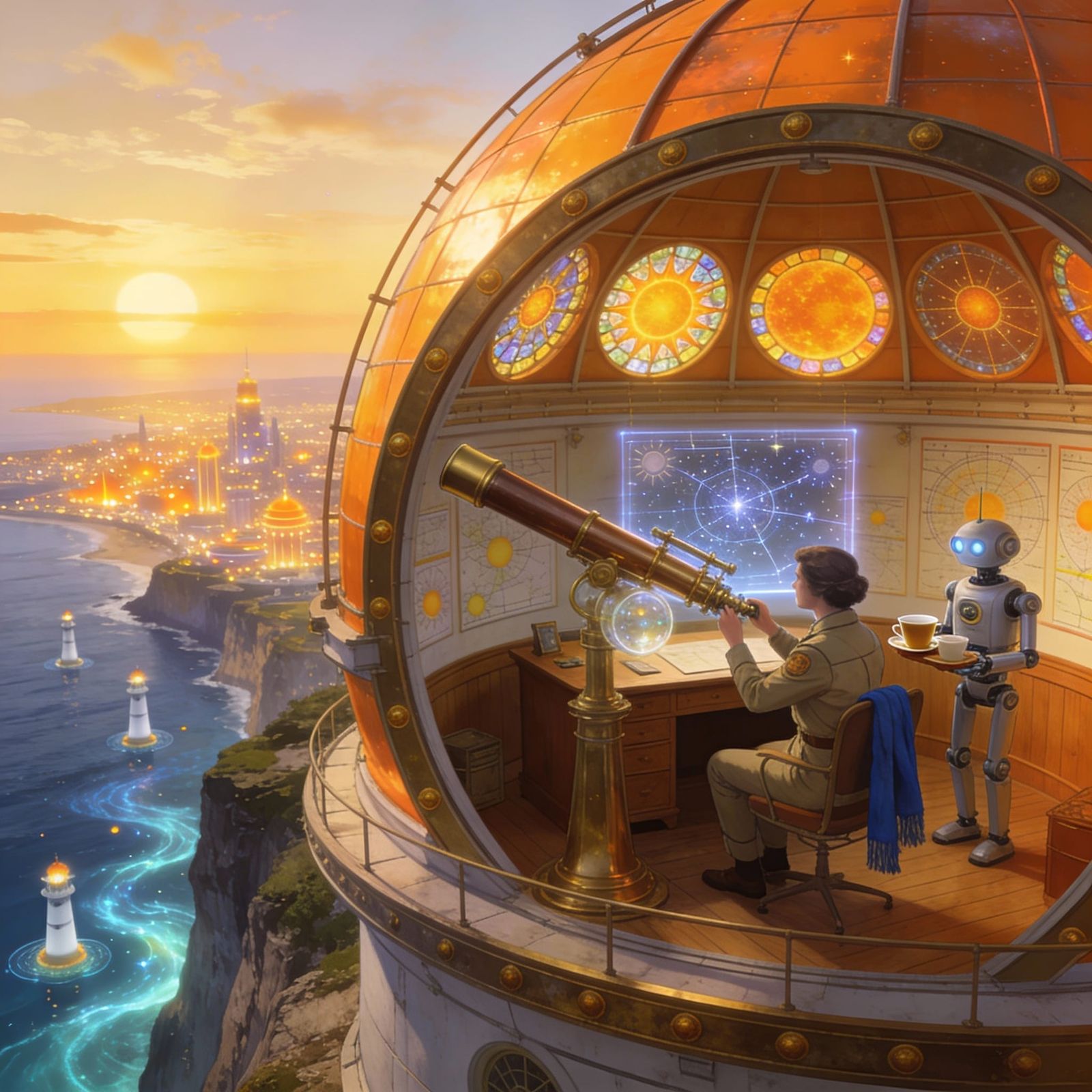 Mid-Century Solar Observatory with Astronomer and Robot