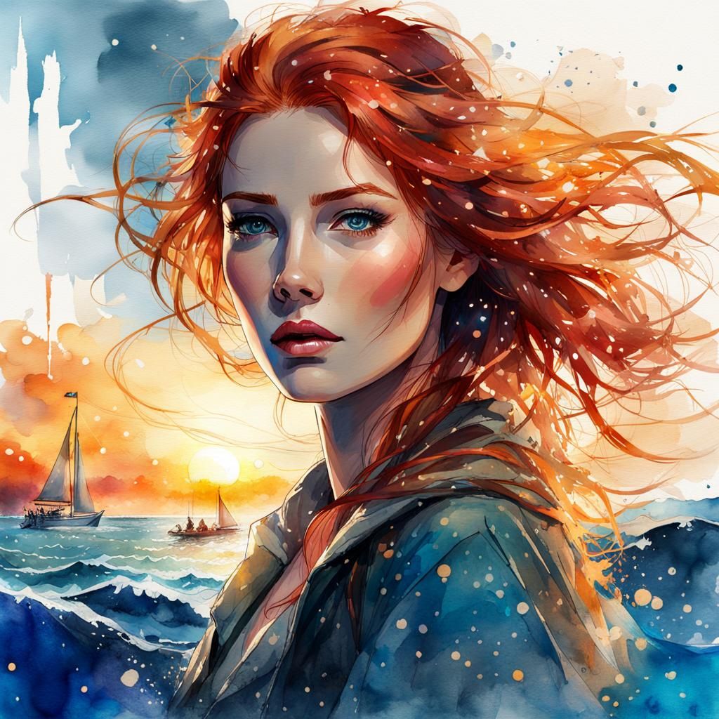 Redhead Woman Sailing Catamaran in Watercolor Style