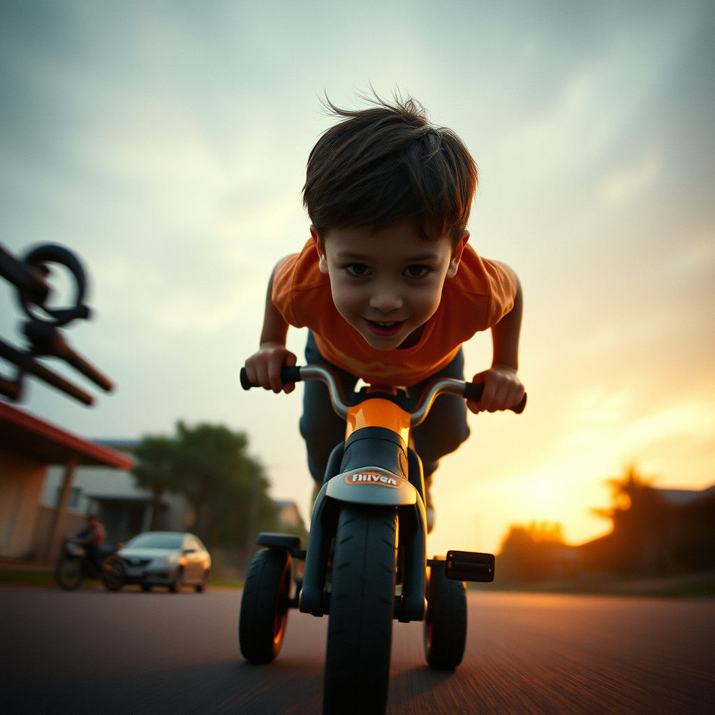 Boy Falls from Sky on Big-Wheel: Cinematic 35mm Film Still