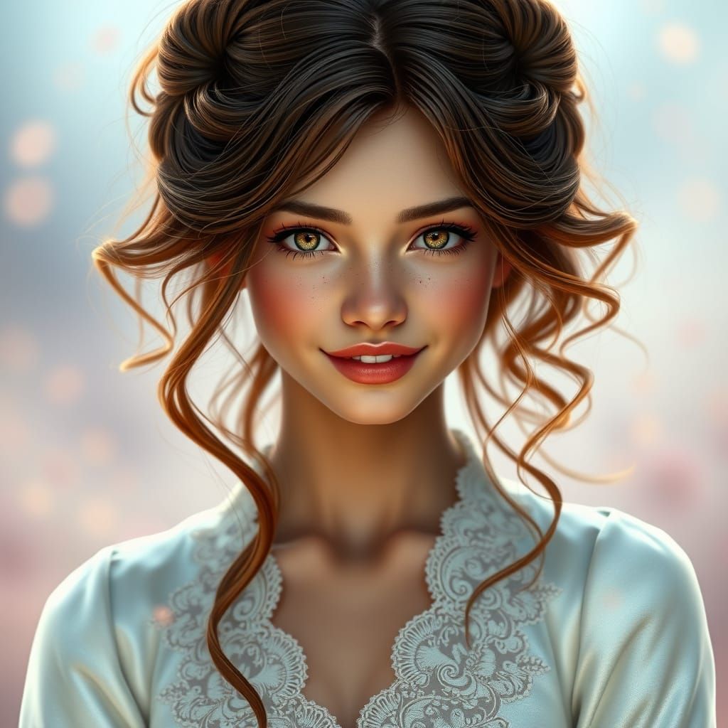 Enchanting Brunette Beauty in Elegant White Gown