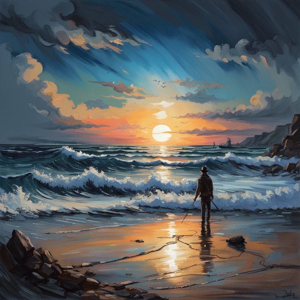 Sci-Fi Sunset Fisherman Under Blue Moon