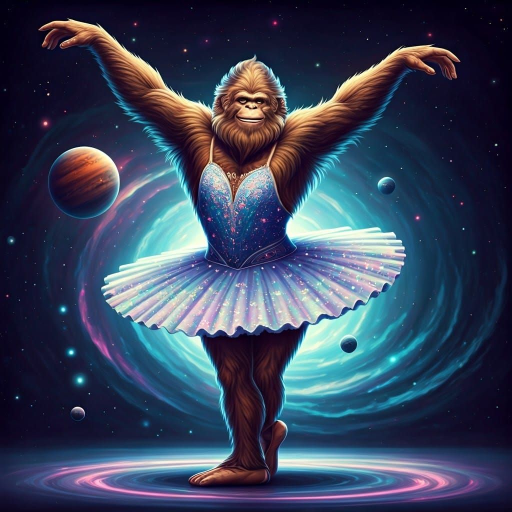 Sasquatch Ballerina Dances in Cosmic Galaxy