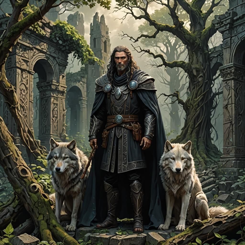 The dark druid as the protector of all life who has his grey wolf by his side. The background of the ruins and permeated...