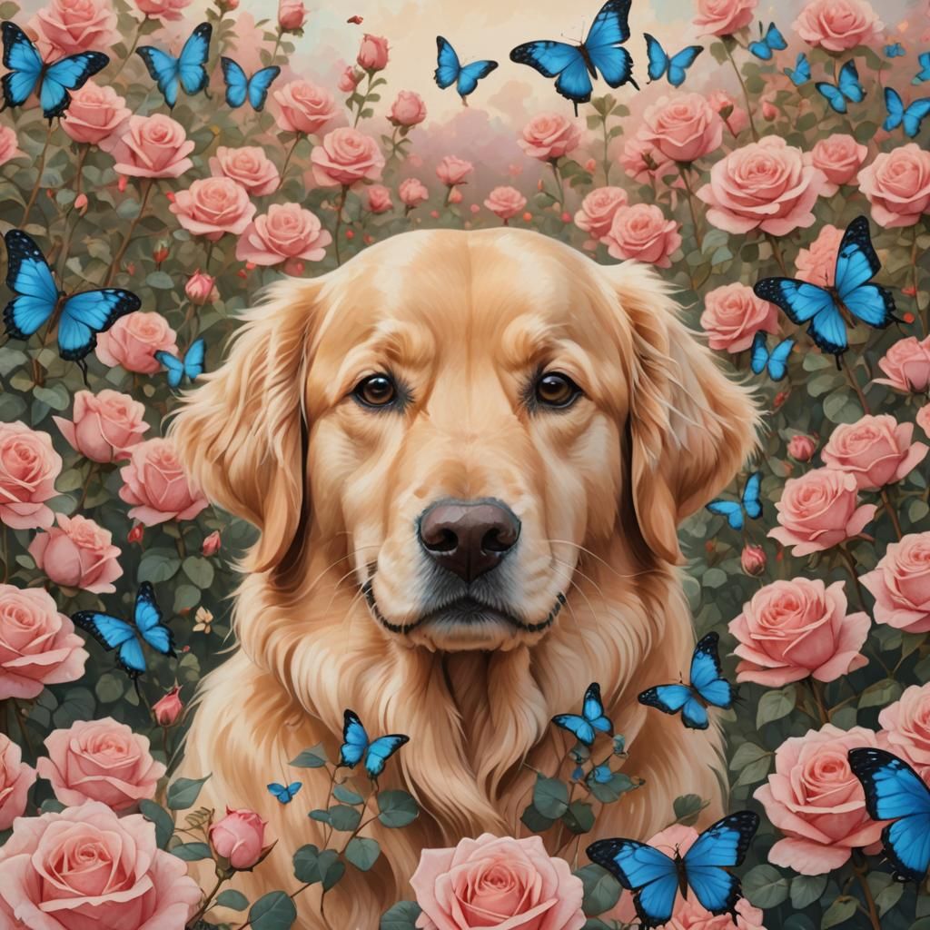 Anime Golden Retriever in Rose Field