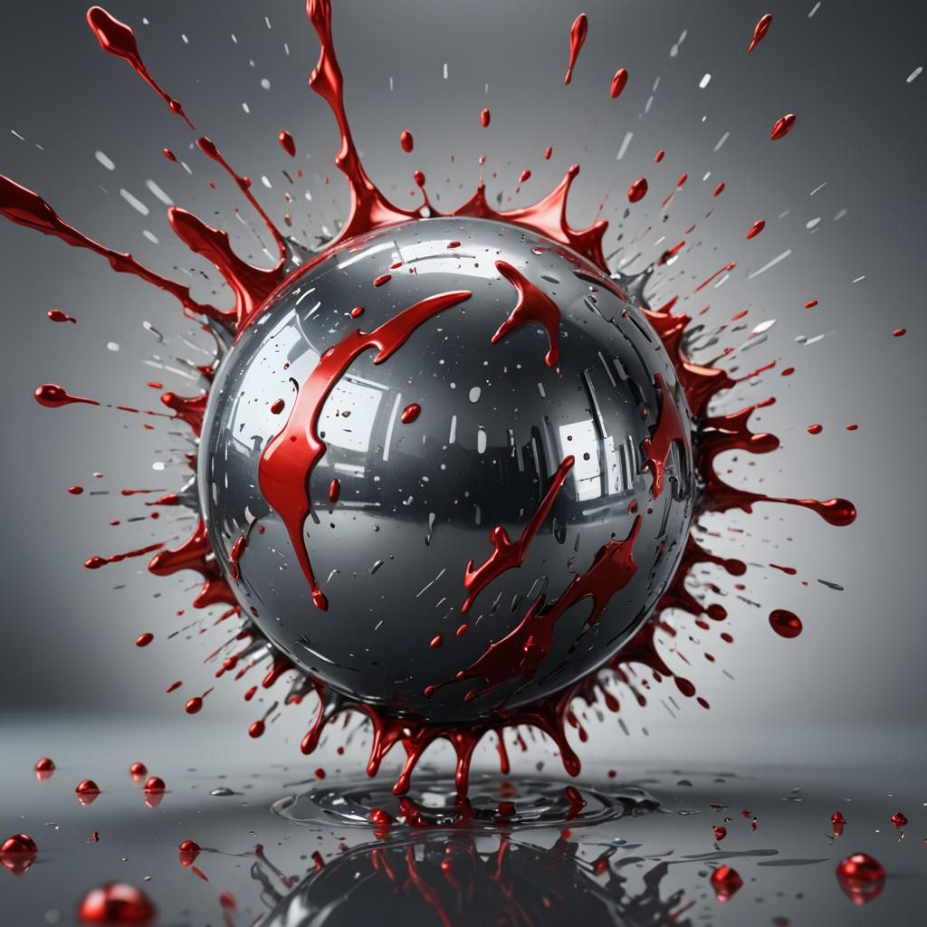 Vibrant Red Splash on Gray Metallic Sphere