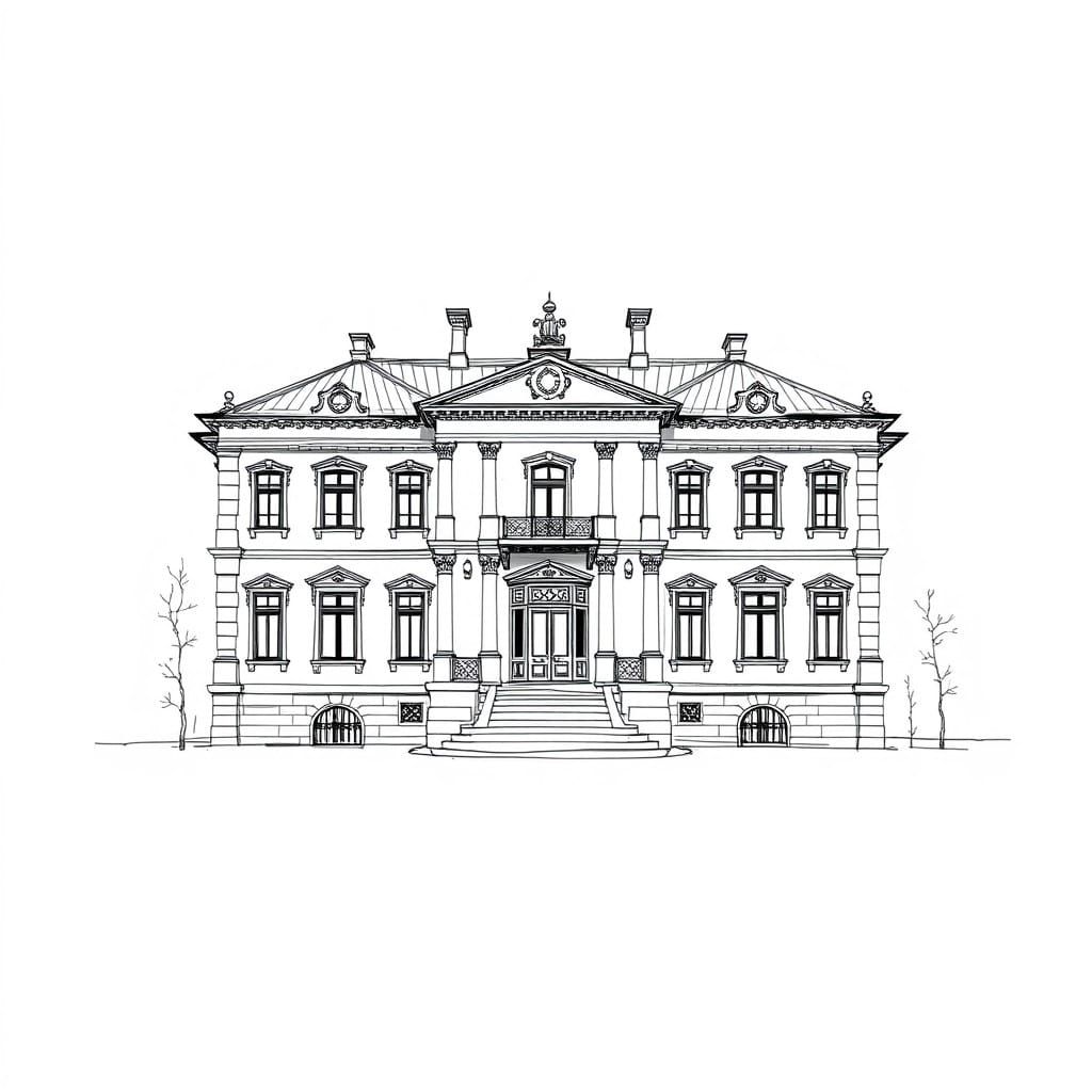 Symmetric Saint Petersburg Villa in Black Ink Lines