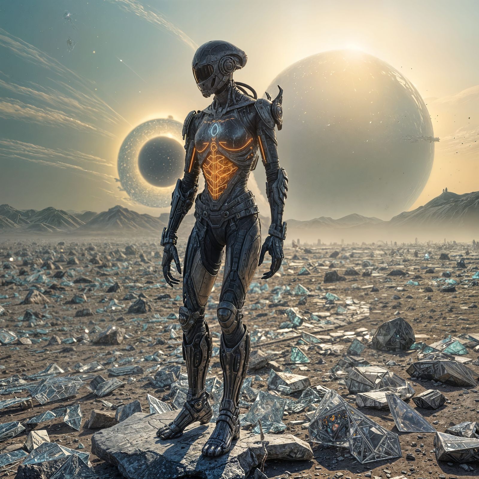 Cybernetic Mercenary Amidst Glass Desert