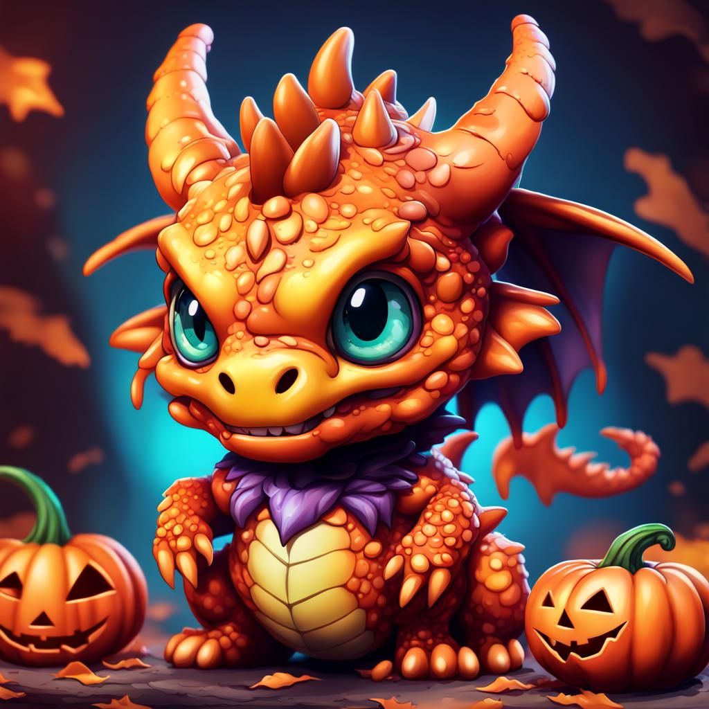Halloween Chibi Dragon in Hyperrealistic Splash Art