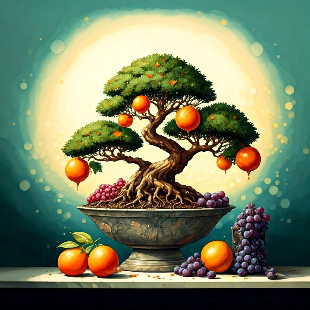 Dreamy Still Life with Bonsai Portrait, Detailed Alcohol Ink