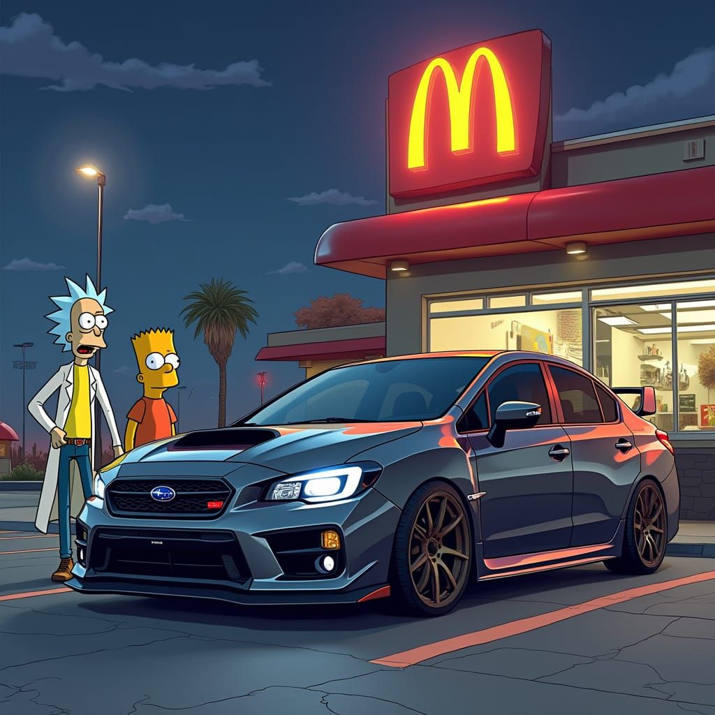 Dark Grey Subaru WRX STI at Retro-Futuristic McDonald's with...