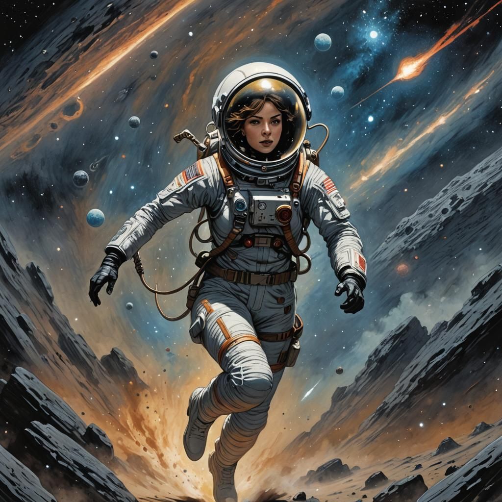 Curvy Spacewoman running towards viewer, Cosmic