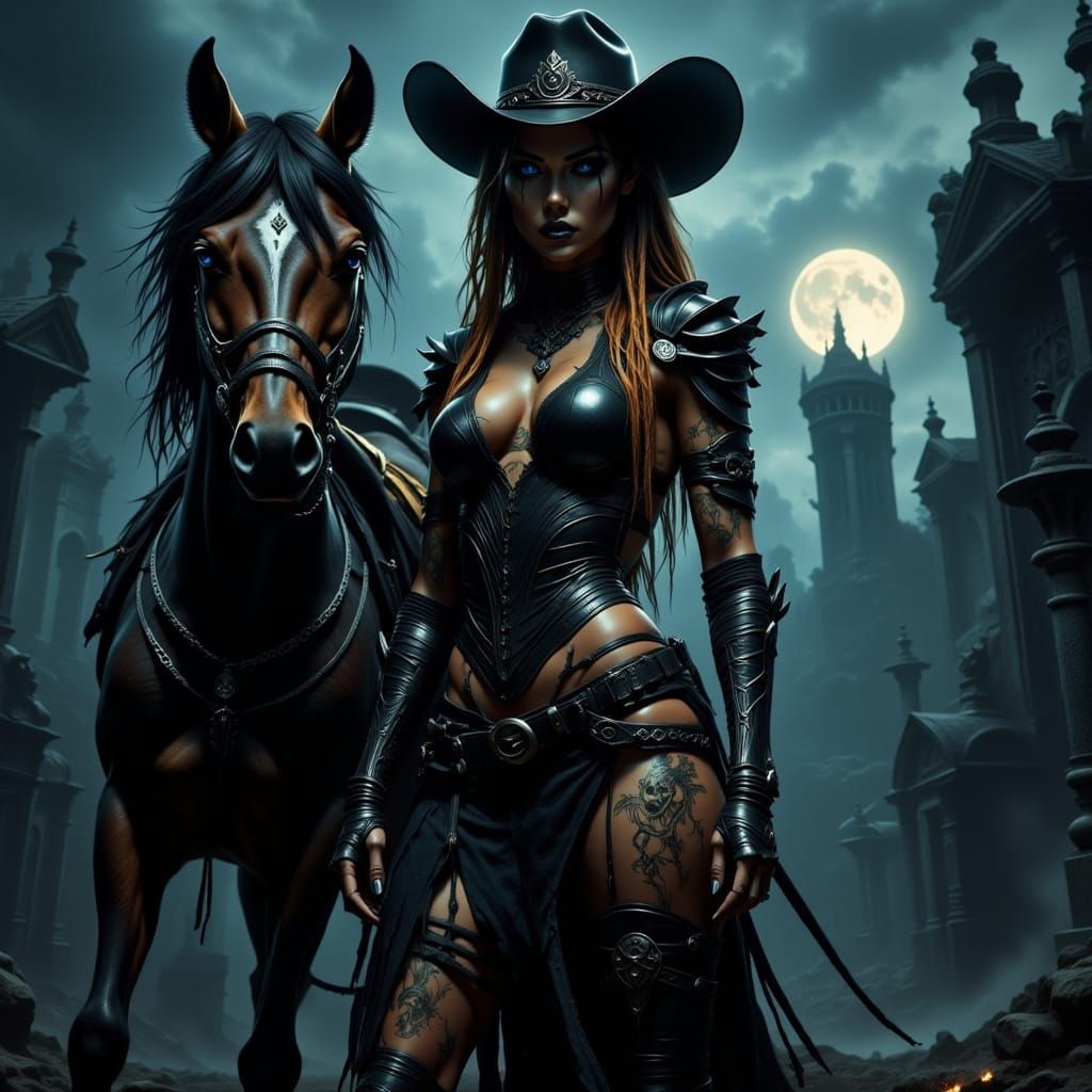Gothic Cowgirl and Horse in Misty Graveyard