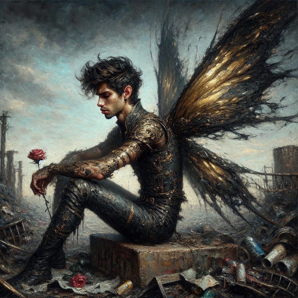 Melancholic Fairy in Junkyard: Fantasy Oil Painting