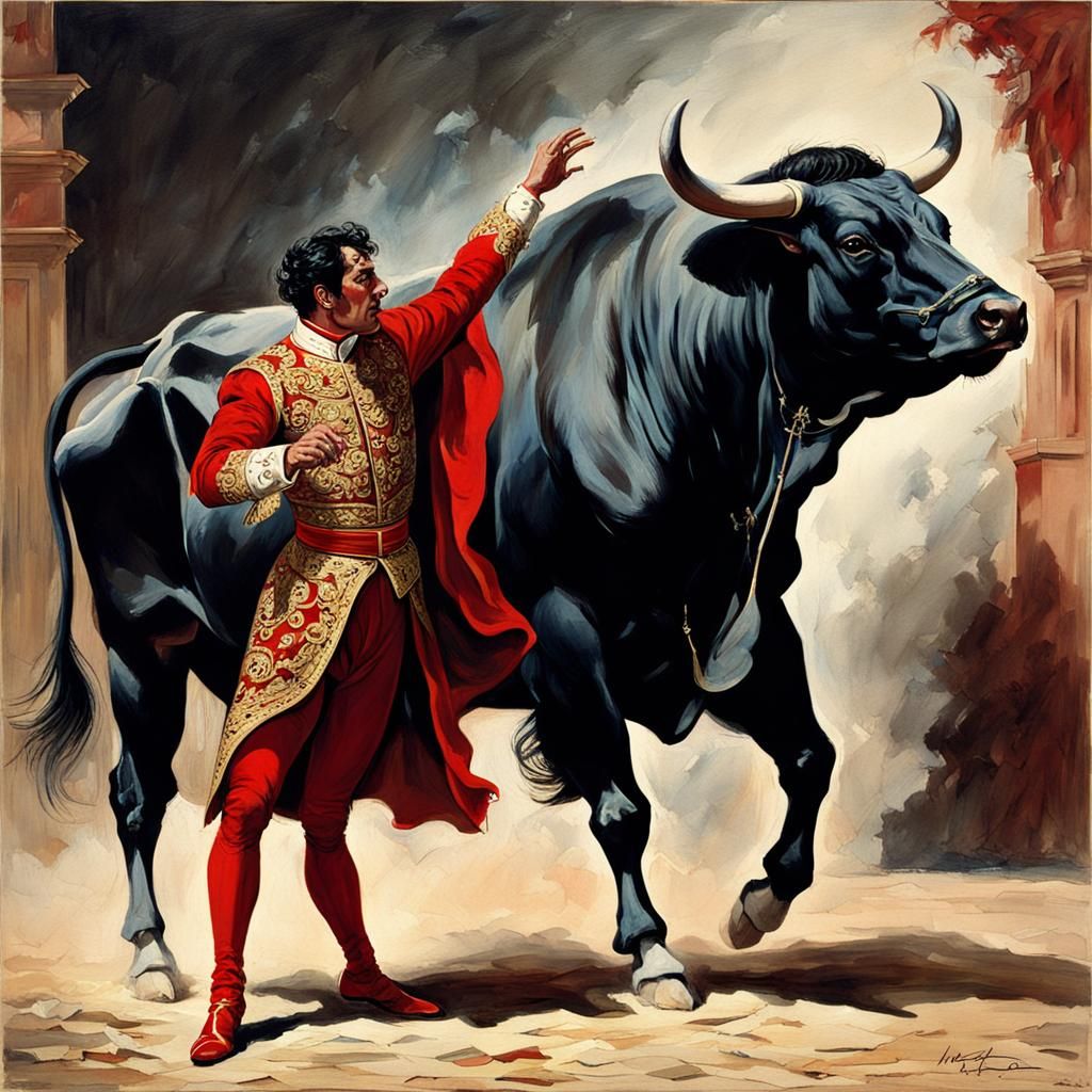 Dramatic Bullfight Scene with Matador and Raging Bull