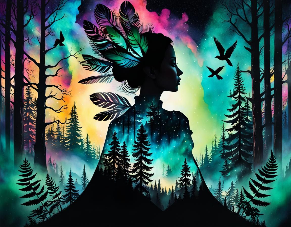 Surreal Forestscape Double Exposure in Maximalist Style