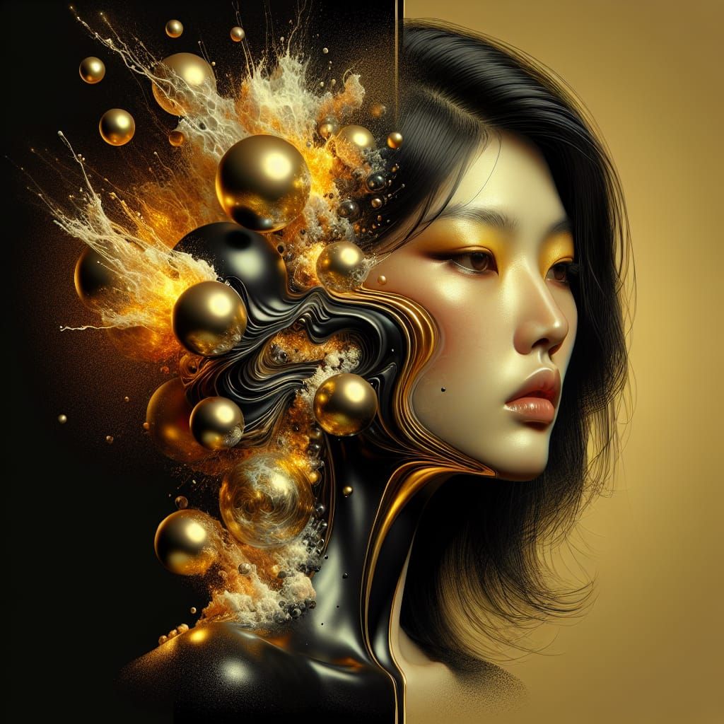 Surreal Asian Woman with Exploding Orbs in Gold