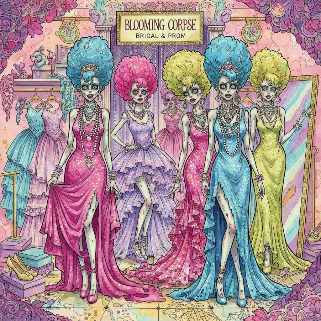 Intricately detailed alcohol ink illustration,  ”Zombie Prom...