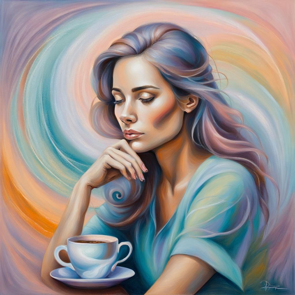 Contemplative Woman with Coffee: A Pastel Painting