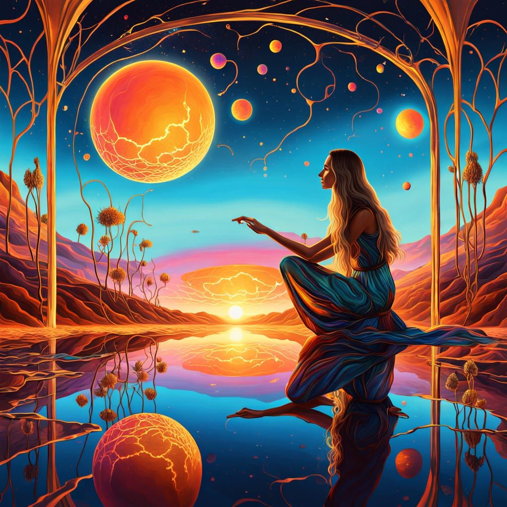 Surreal Infinity Mirrored Room with Glowing Creatures and Bi...