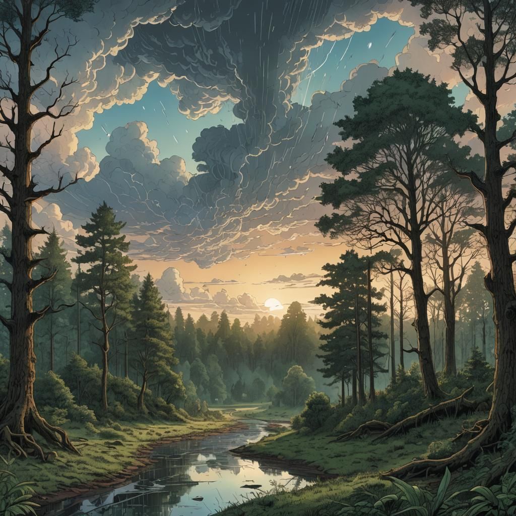 Rainy Dawn Forest Clearing in Comic Book Style