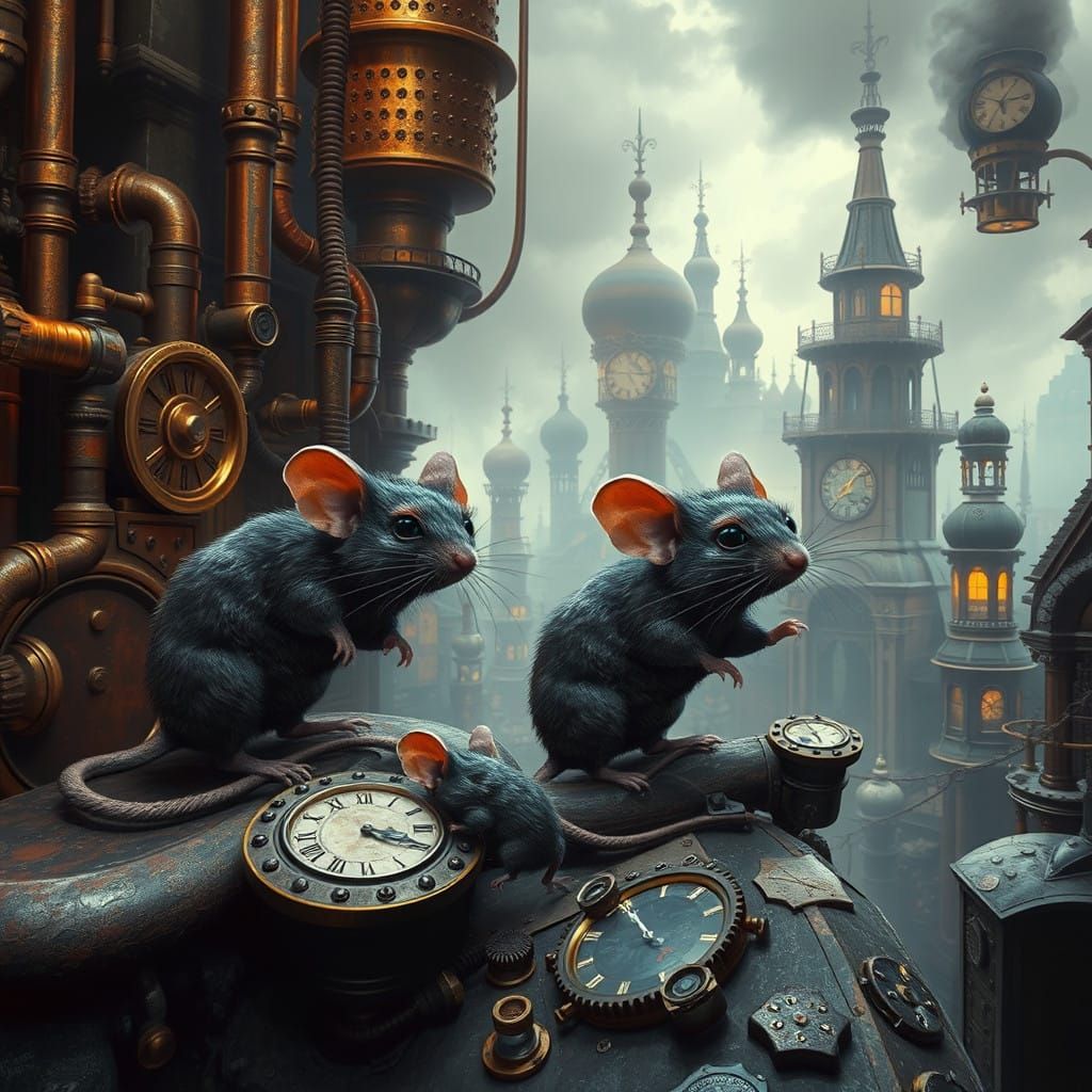 Steampunk Mice in a Victorian-Era Cityscape