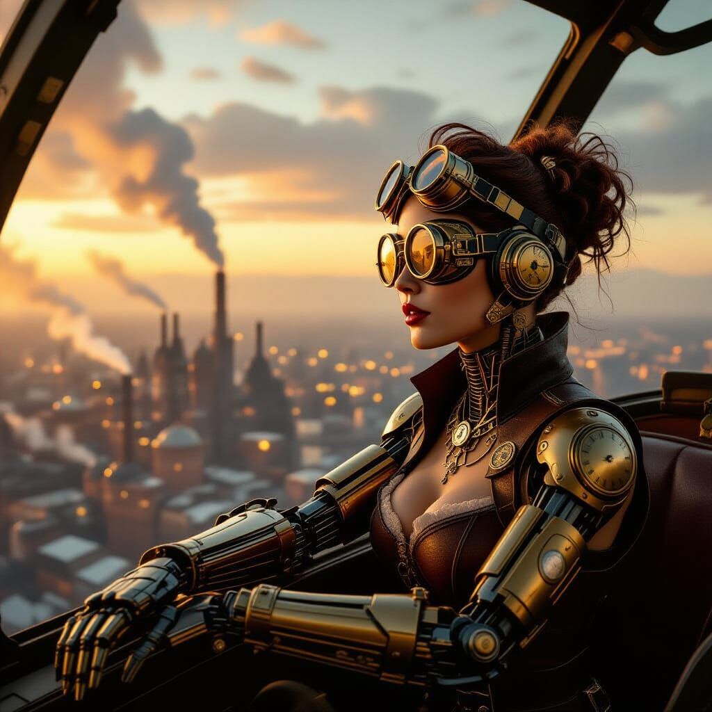 Steampunk Woman in Dirigible Cockpit, Matte Painting Style