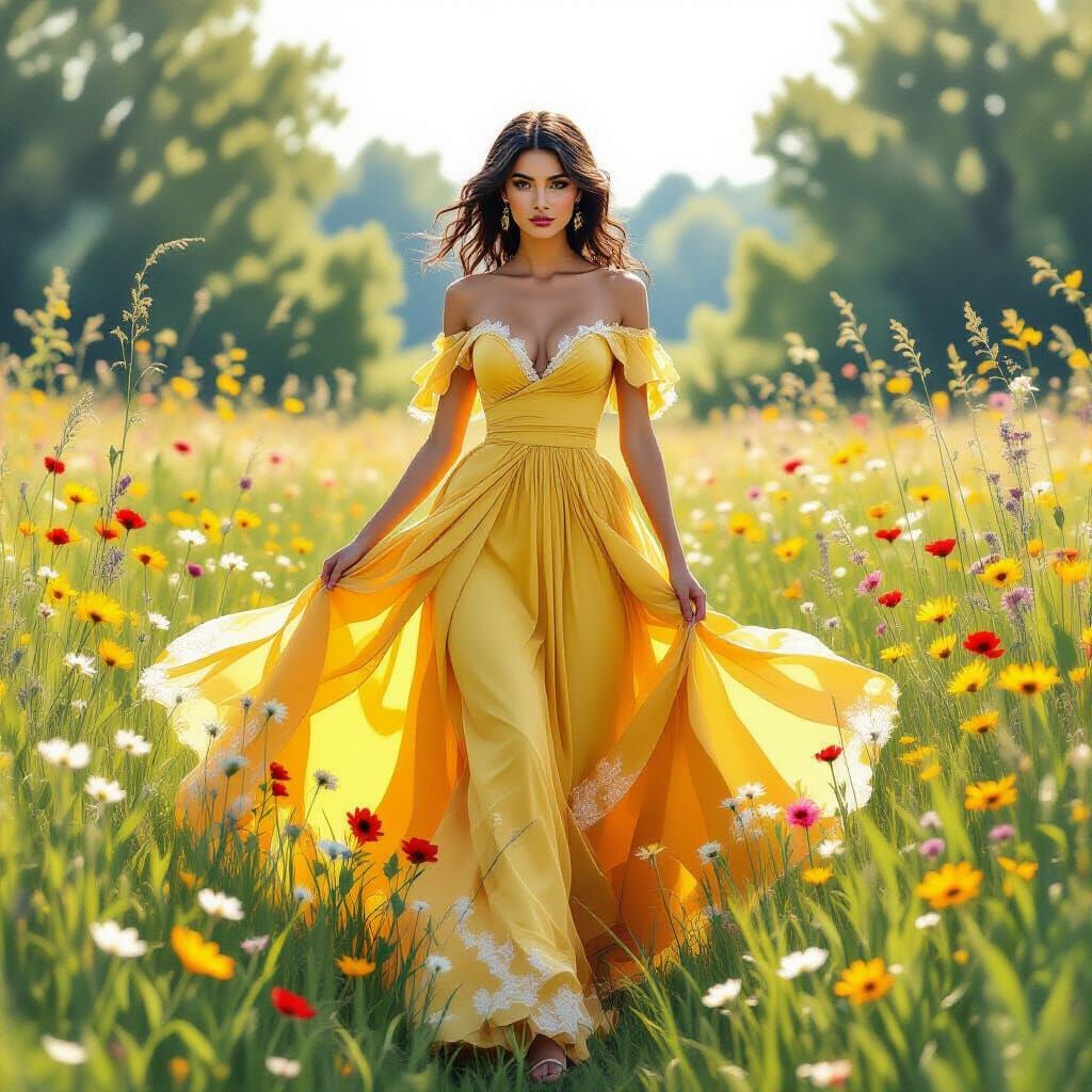 Woman in Yellow Gown in Mystical Meadow