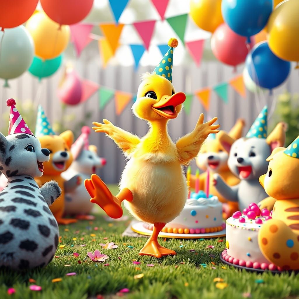 Festive Duckling's Birthday: 3D Render in Cartoon Realism