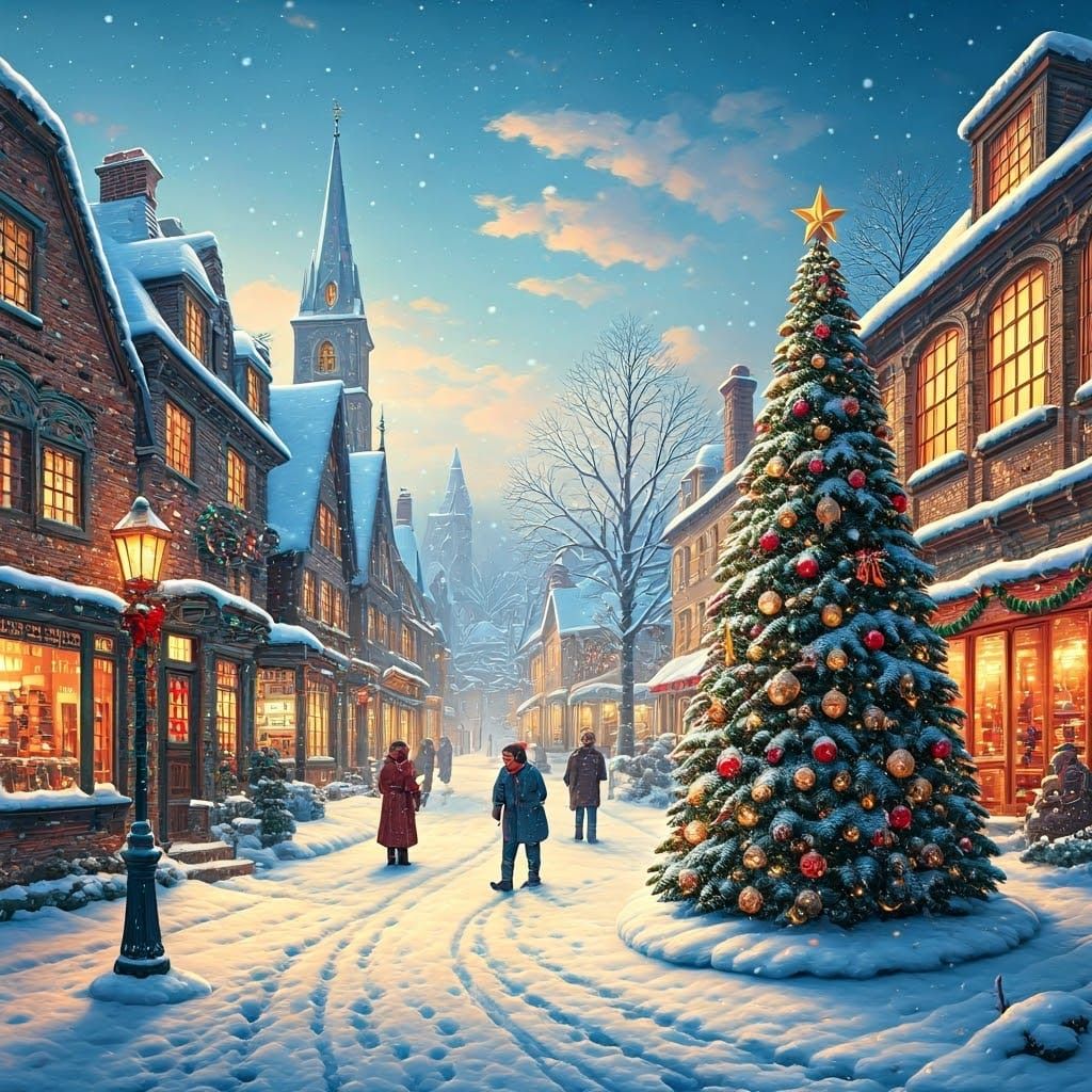 Snowy Christmas Morning in Kinkade Style